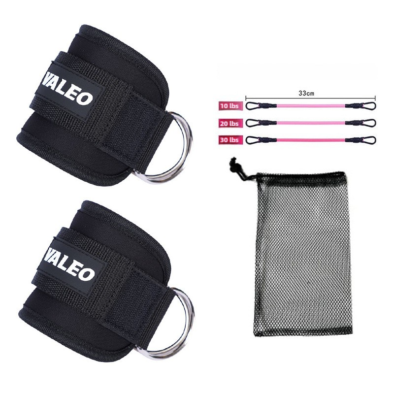 Kit Tiras de Tornozelo Pretas – 2 Tiras + 3 Cordas Elásticas para Pernas e Glúteos