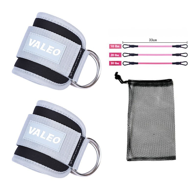 Kit Tiras de Tornozelo Cinzentas – 2 Tiras + 3 Cordas Elásticas para Pernas e Glúteos