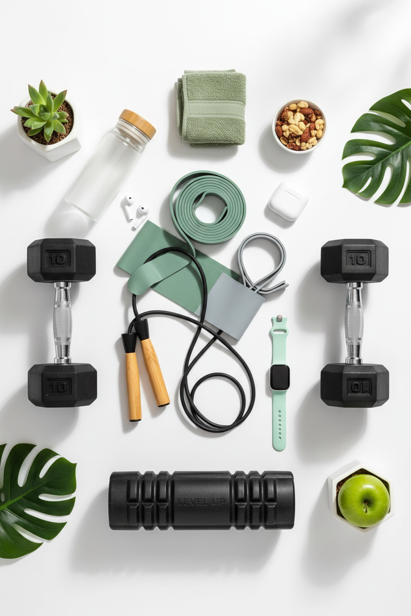 Kit de fitness flat lay com acessórios desportivos